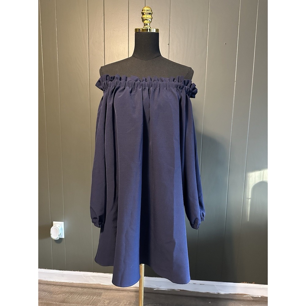 IXIAH Ruffle Off-the-Shoulder Long Sleeve Celluloid Dress Navy‎ Blue Size 4